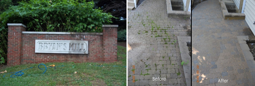 Brick sidewalk cleaned, concrete sign power washed