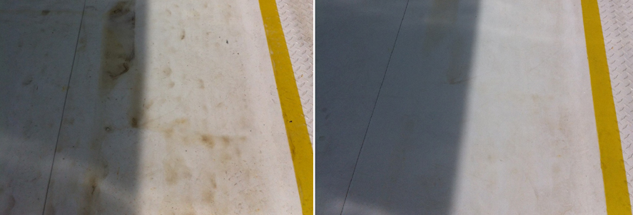 Concrete platform stained and after concrete pressure washing