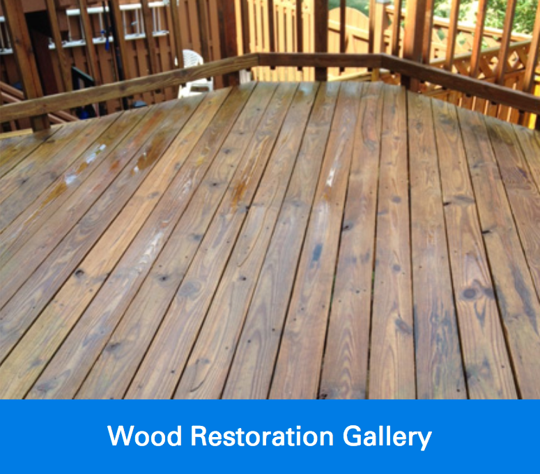 Power washed deck with Wood Restoration Gallery text