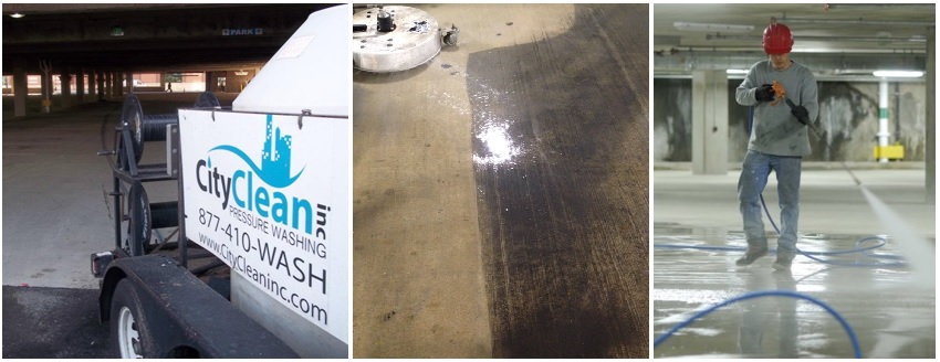 City Clean pressure washing machine, concrete dirt removal and professional washing parking garage