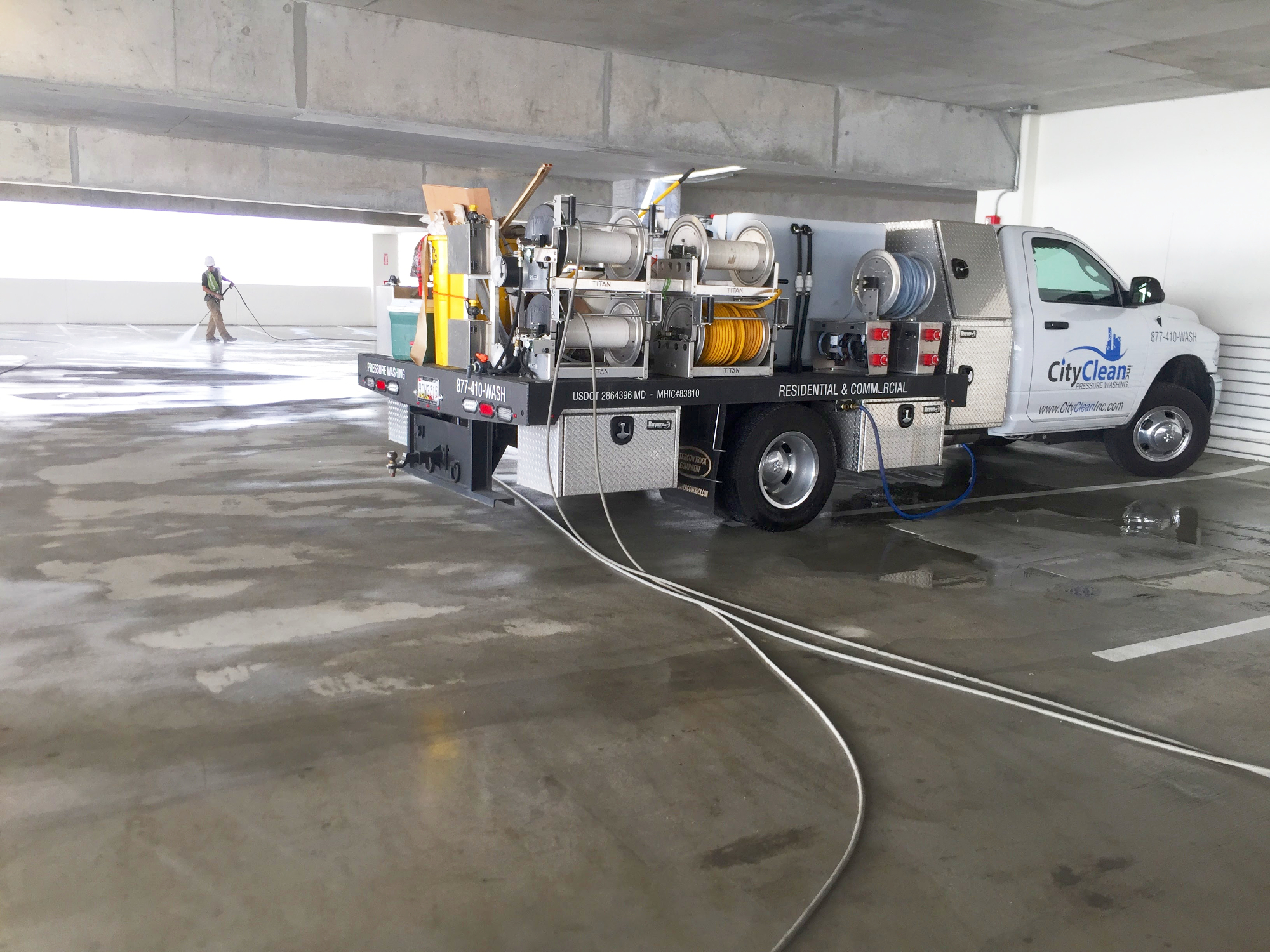 Washington DC Parking Garage Pressure Washing with Power wash truck
