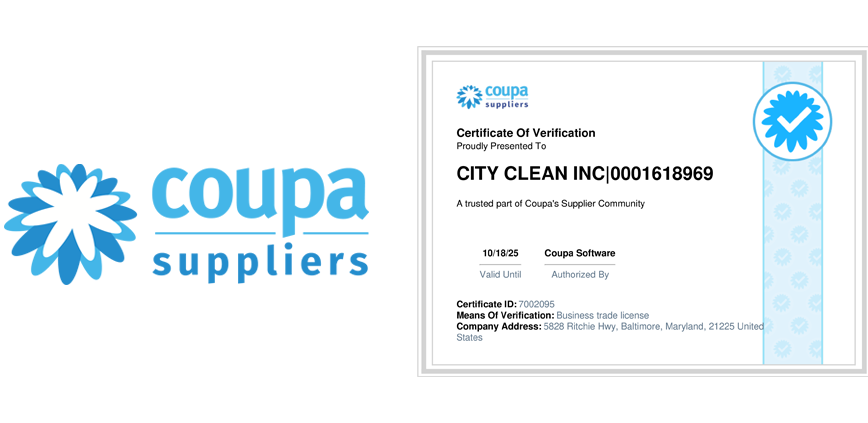 Coupa Supplier logo with a presented Certificate of Verification as City Clean being a trusted partner 