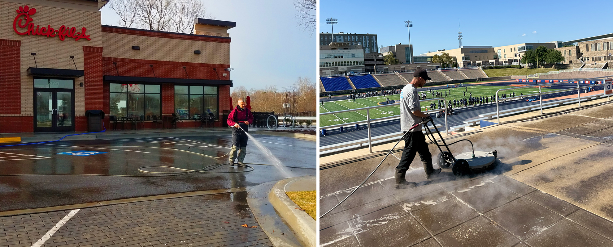 Professional pressure washing concrete parking lot  Power washing parking lot of Chick-fil-a restaurant in left part of the photo and washing football stadium side walk in the right image - Maryland
