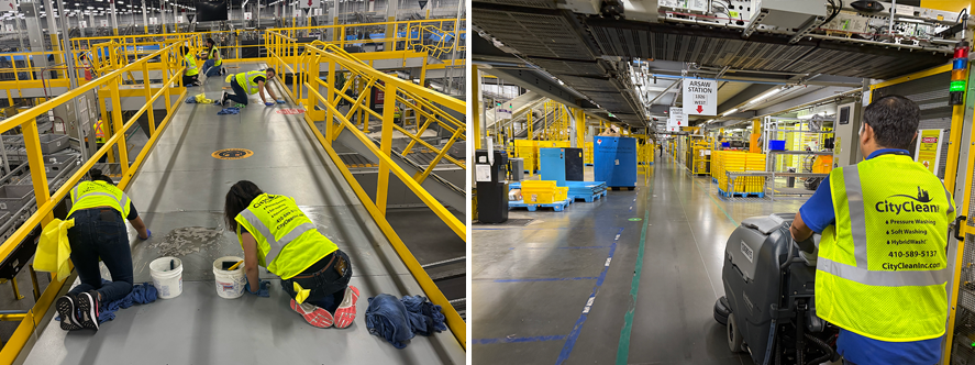 cleaning concrete floor of factory warehouse in Baltimore, Maryland
