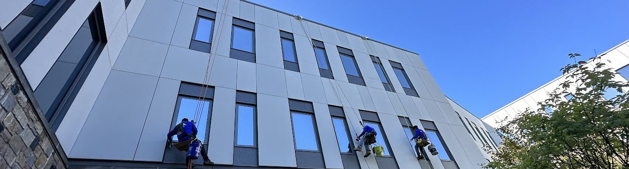 Professional window cleaners washing the exterior windows of a commercial building in Severna Park, MD.