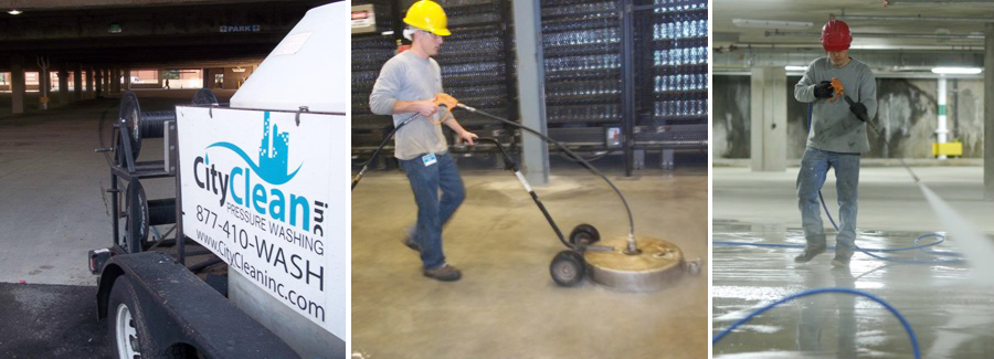 CityClean professional worker using pressure washing equipment to clean a parking garage floor as part of commercial cleaning services in Severna Park, MD.